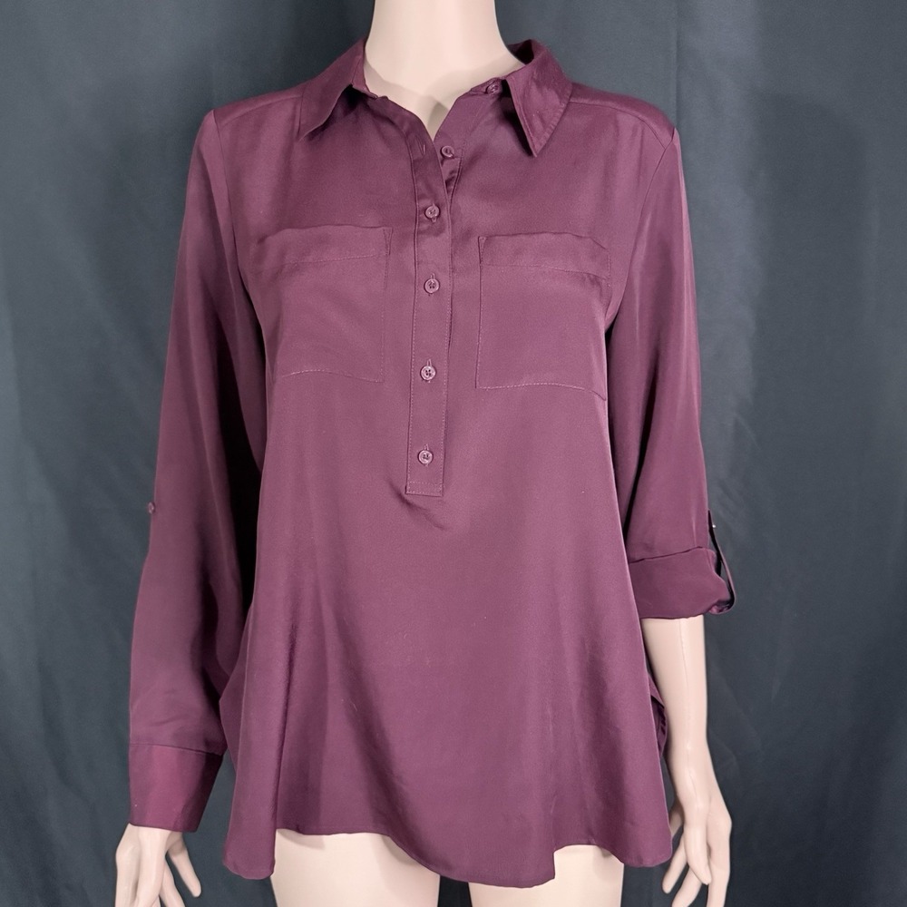 Ann Taylor Plum Pullover Long Sleeve Collared Half Button Tunic Blouse Sz S